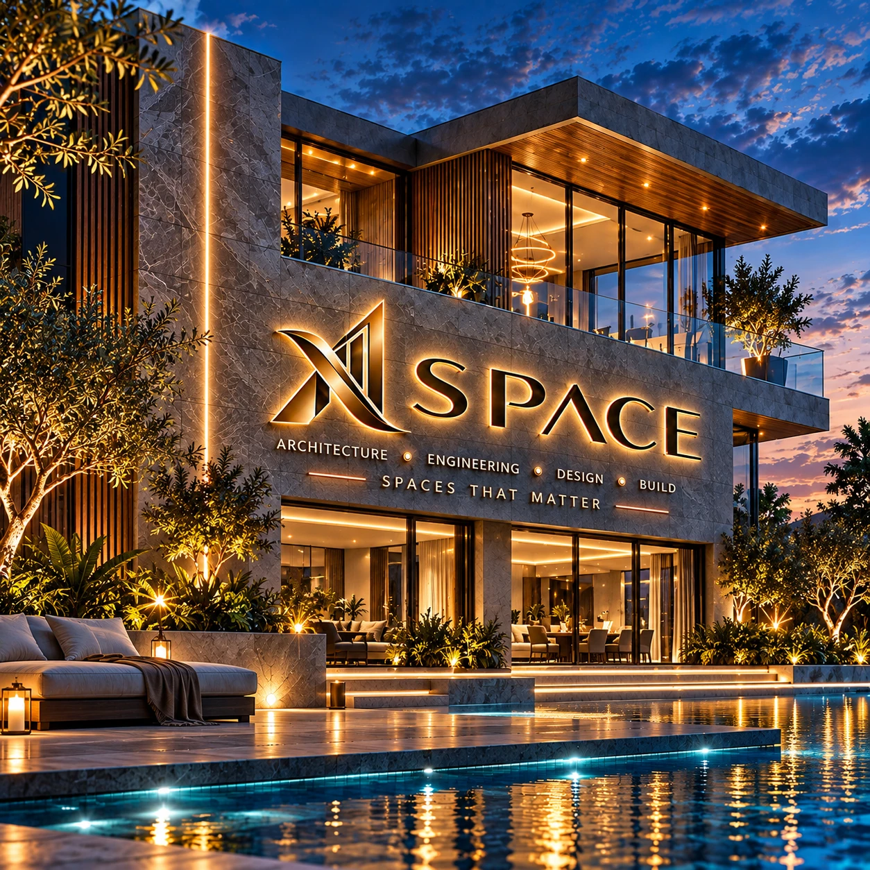 تصور معماري لمبنى عصري يحمل شعار Space X عند الغروب